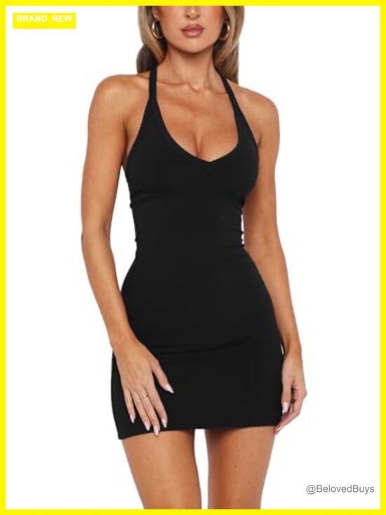 Dresses & Skirts - Women's V Neck Racerback Ribbed Knit Bodycon Mini Dress Sleeveless Party